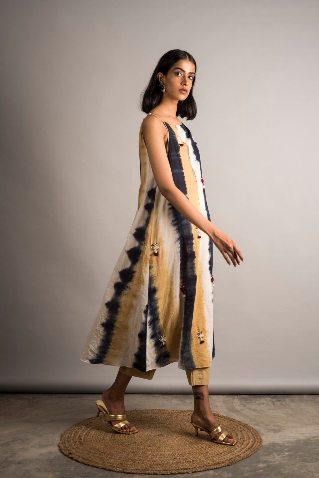 Striped Tie-Dye Embroidered Dress / Set - Auruhfy India