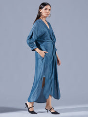 Teal Asymmetric Draped Dress - Auruhfy India