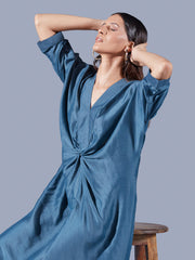Teal Asymmetric Draped Dress - Auruhfy India