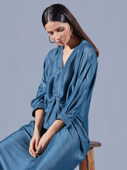Teal Asymmetric Draped Dress - Auruhfy India