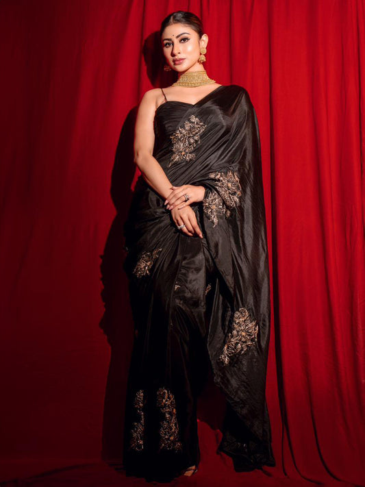 Embroidered Black Silk Saree