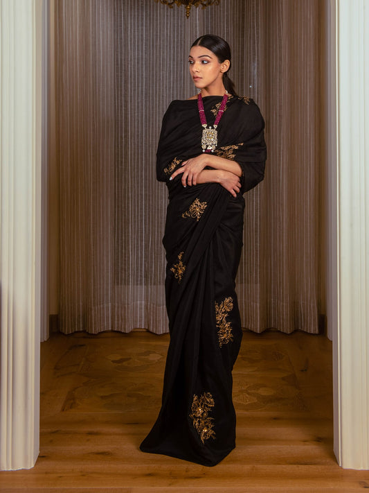 Embroidered Black Silk Saree