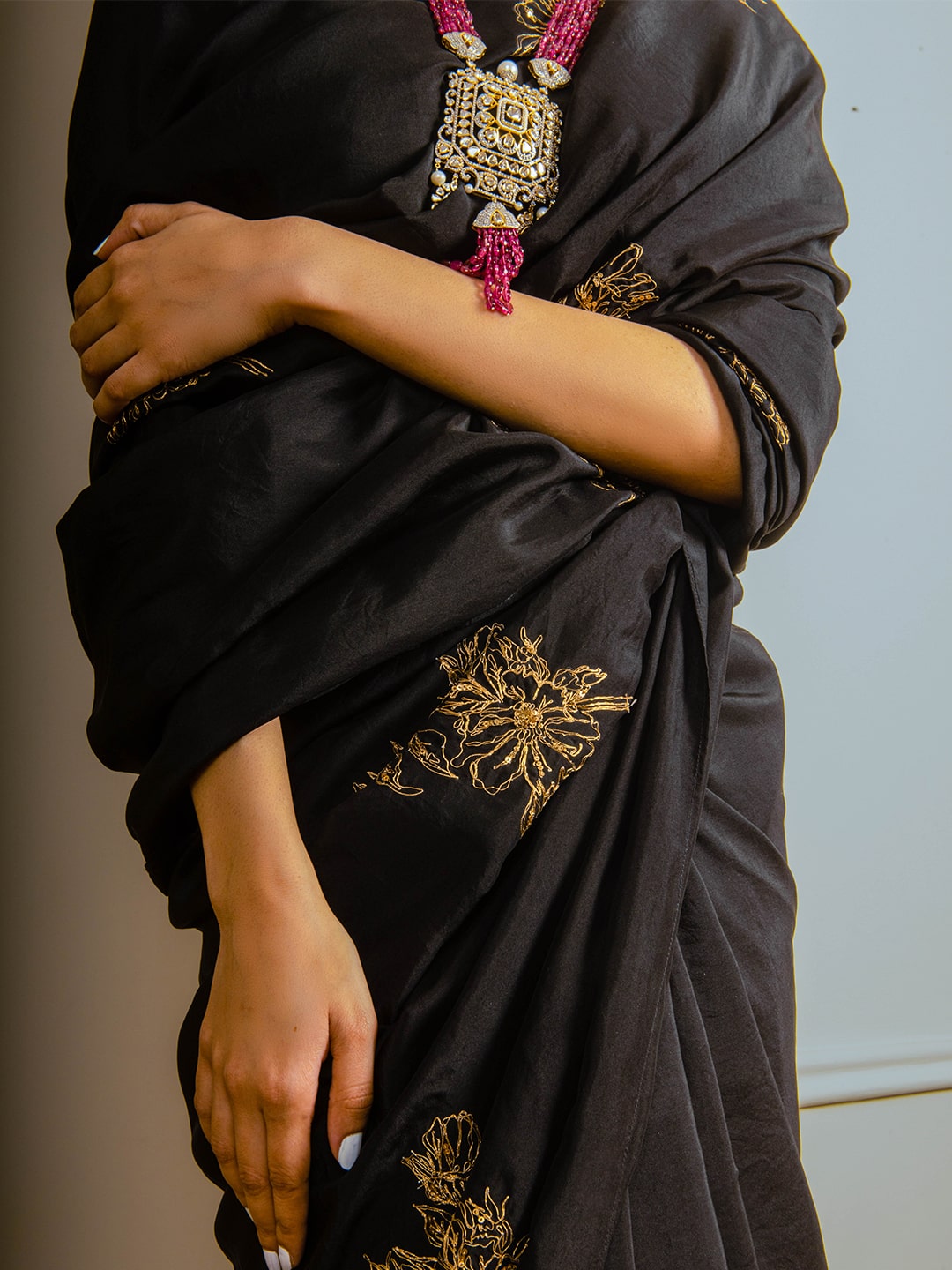 Embroidered Black Silk Saree