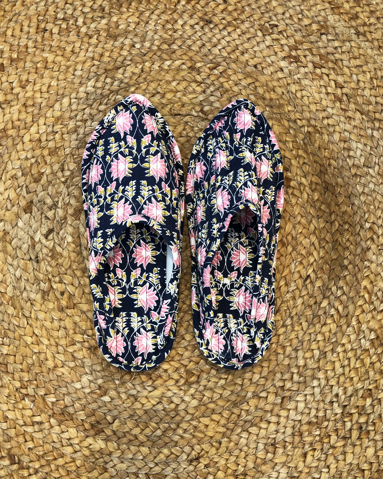 Midnight Blue and Pink Lotus Print Indoor Slippers - Auruhfy India