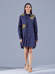 Embellished Midnight Blue Shirt Dress - Auruhfy India
