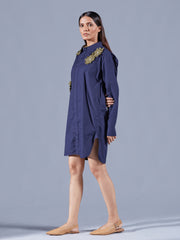 Embellished Midnight Blue Shirt Dress - Auruhfy India