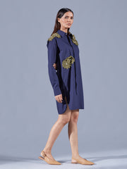 Embellished Midnight Blue Shirt Dress - Auruhfy India