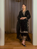 Embroidered Silk Velvet Kurta Set with Dupatta (Black)