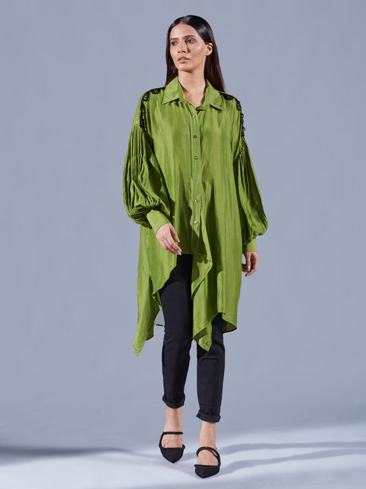 Fern Green Asymmetric Shirt - Auruhfy India