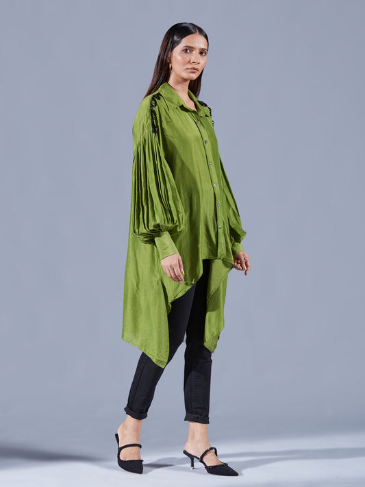 Fern Green Asymmetric Shirt - Auruhfy India