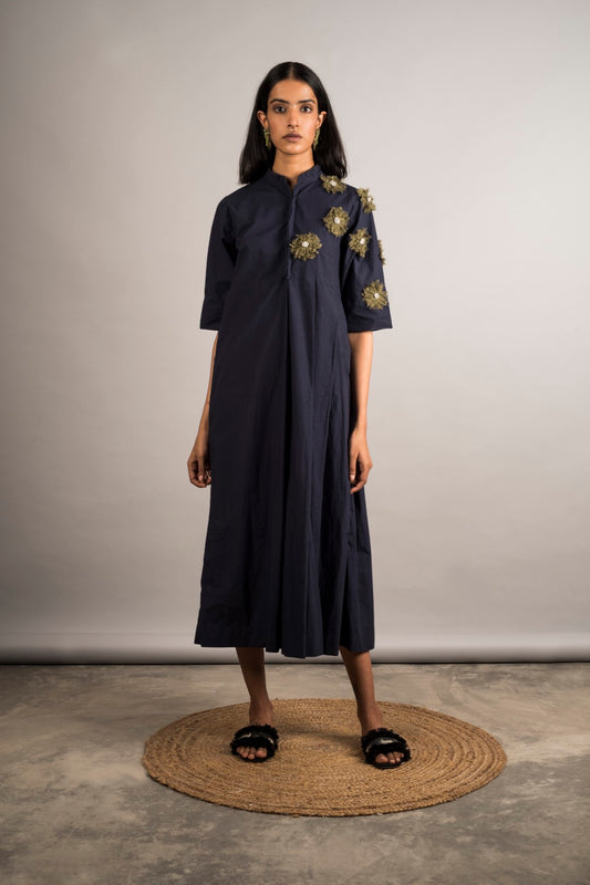 Midnight Blue Half Pleated Embellished Dress - Auruhfy India