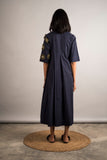 Midnight Blue Half Pleated Embellished Dress - Auruhfy India