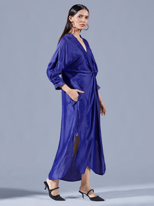 Berry Blue Asymmetric Draped Dress - Auruhfy India