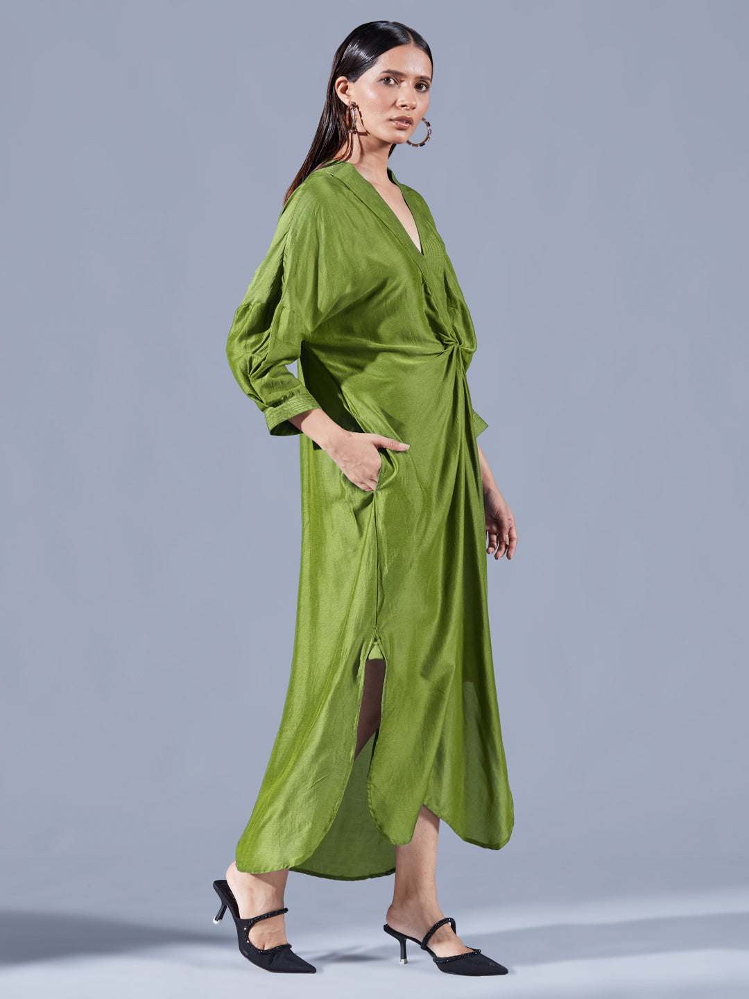Fern Green Asymmetric Draped Dress - Auruhfy India