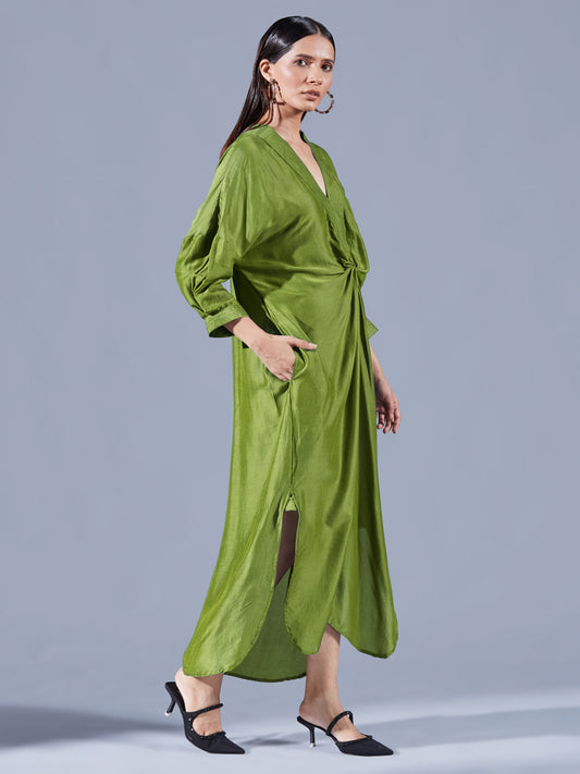 Fern Green Asymmetric Draped Dress - Auruhfy India