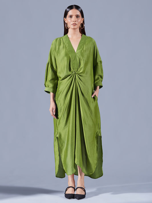 Fern Green Asymmetric Draped Dress - Auruhfy India