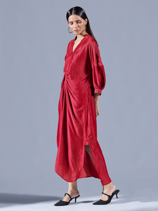 Scarlet Asymmetric Draped Dress - Auruhfy India