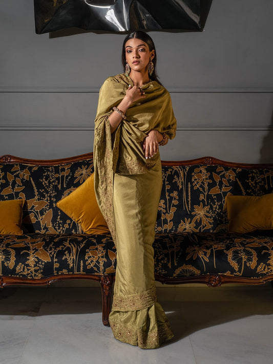 Embroidered Pear Green Silk Saree