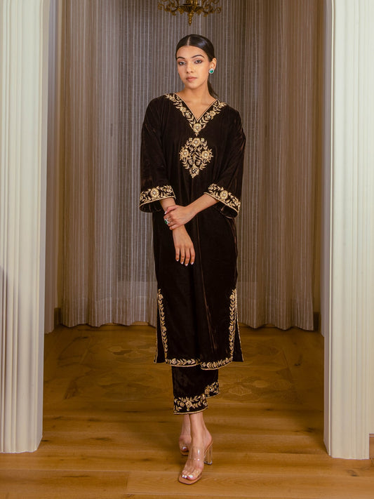 Silk Velvet Embroidered Kurta Set (Coffee Brown)