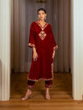 Silk Velvet Embroidered Kurta Set (Red)