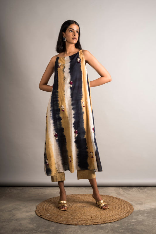 Striped Tie-Dye Embroidered Dress / Set - Auruhfy India