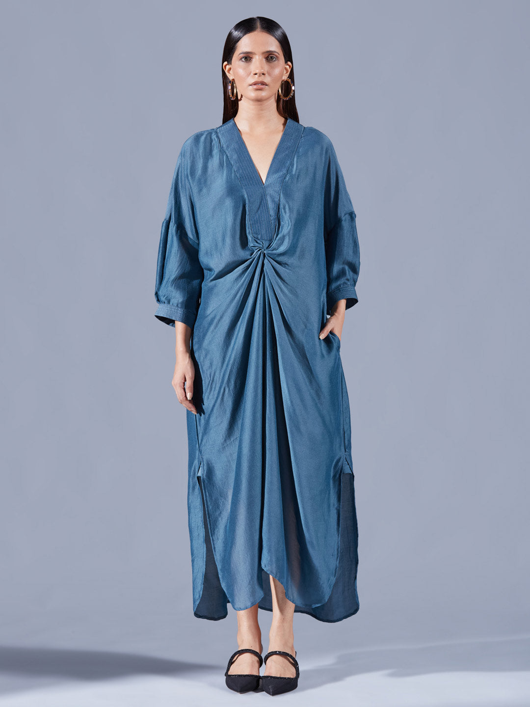 Teal Asymmetric Draped Dress - Auruhfy India