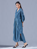 Teal Asymmetric Draped Dress - Auruhfy India